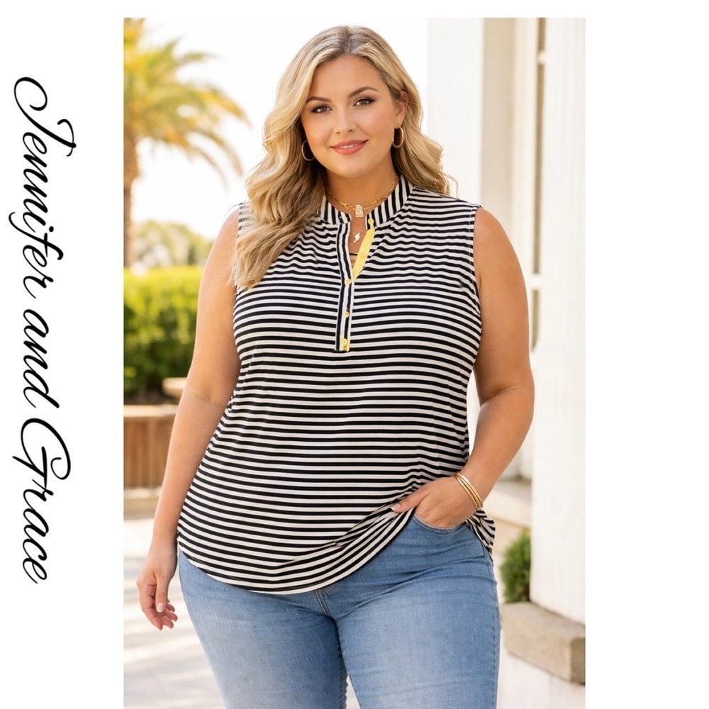 Jennifer and Grace 3X sleeveless quarter button down blouse Black white striped
